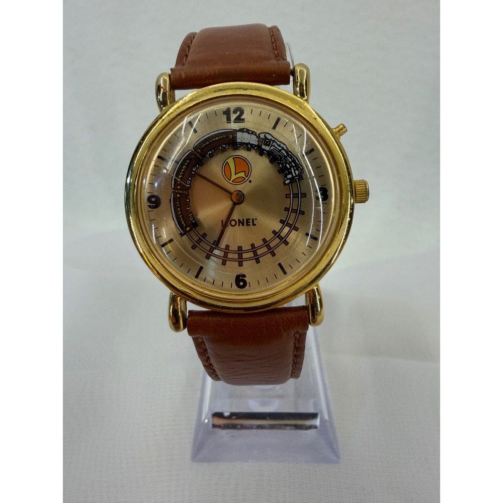 Lionel Collectible Train Watch Gold Tone Animated Moving Locomotive Leather Band